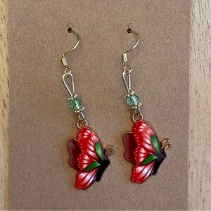 Hand Crafted Butterfly Beaded Dangle Earrings with Pink and Green Accents